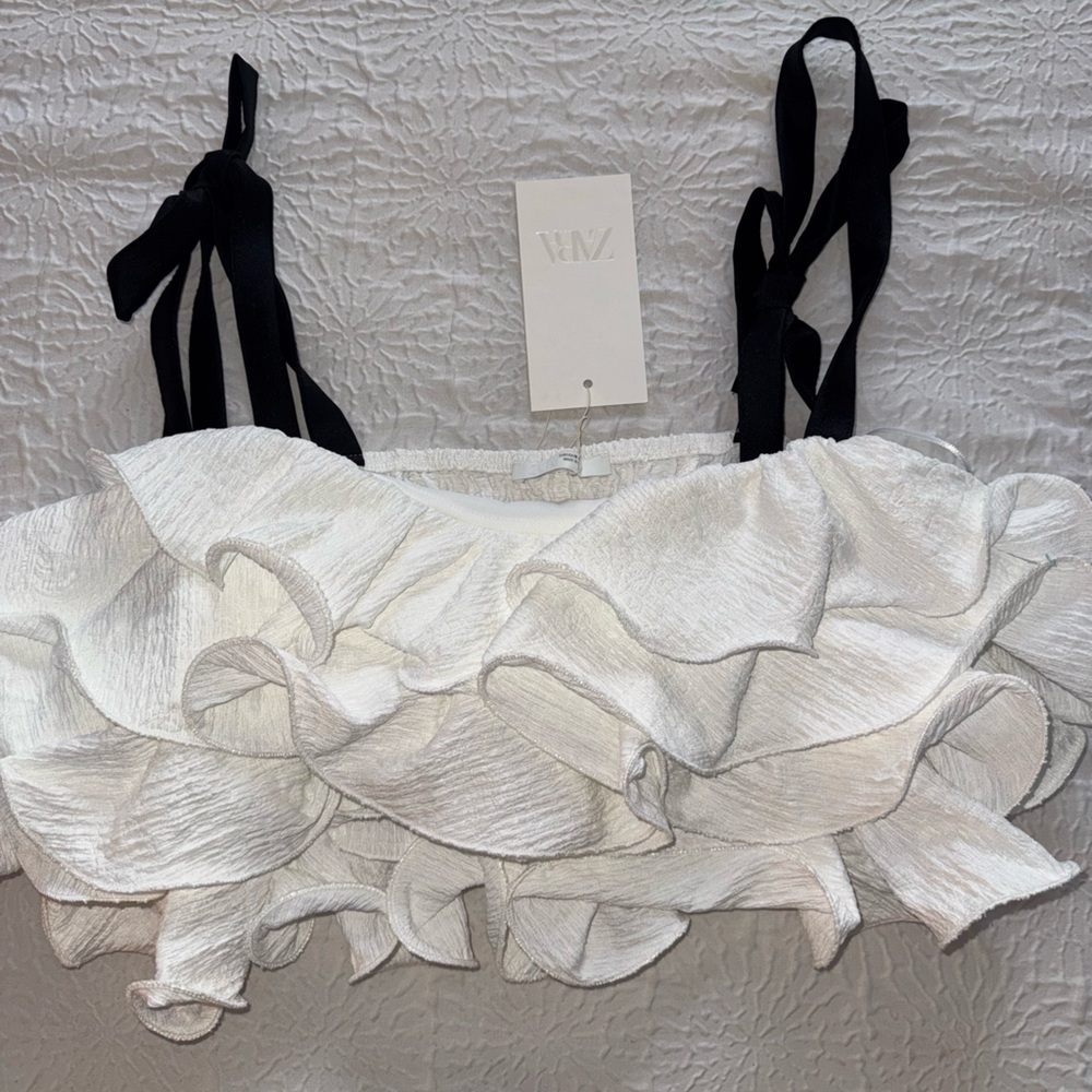 Zara White Ruffle Crop Top with Black Straps